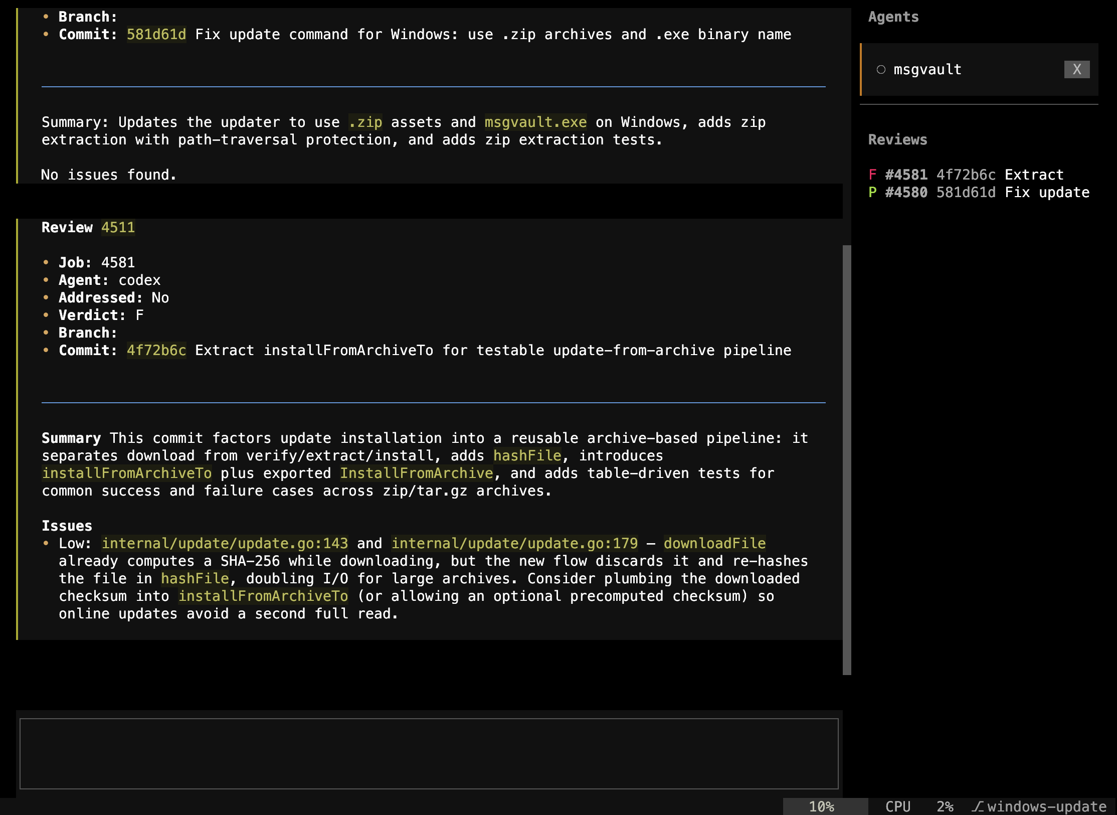 Claude Chic review sidebar showing pass/fail verdicts alongside a review detail view